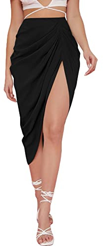 WDIRARA Women's Ruched Hign Split Midi Skirts Side Slit High Waist Wrap Skirt Black X-Large