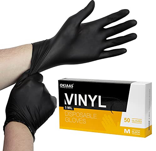 OKIAAS Guantes desechables negros pequeños, guantes de vinilo desechables sin látex, 5 mil, 200 unidades, para preparación de alimentos, limpieza del hogar, tinte para el cabello, tatuaje