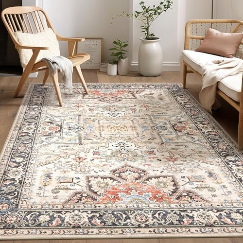 homewill Area Rug 5x7 for Living Room - Washable Oriental Vintage Floral Distressed Large Indoor Carpets with Non Slip Back for Bedroom Dining Room Nursery Office Home Decor -Multi