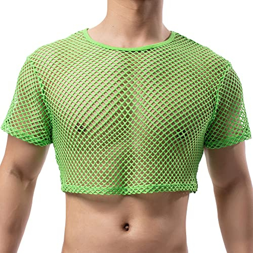 YUFEIDA Men's Sports Undershirts Fishnet Crop Top Mesh See Through Crops Half Tank Tops Novelty T-Shirts Undershirts for Men