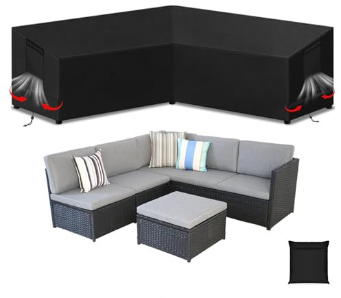 SIRUITON 215cm x 215cm x 87cm V-Shape Rattan Sofa Cover, Waterproof & Tear-Resistant 420D Oxford Fabric, Durable Outdoor L-Shaped Sofa Cover with Waterproof Tape, Garden Furniture Covers