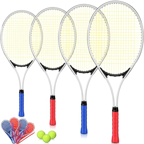 Motionchic 4 Pcs Tennis Rackets for Adult Recreational 4 Players 27 Tennis Racquet Lightweight Tennis Racket with 3 Tennis Balls for Training Beginners with Overgrips Carry Bag (White)