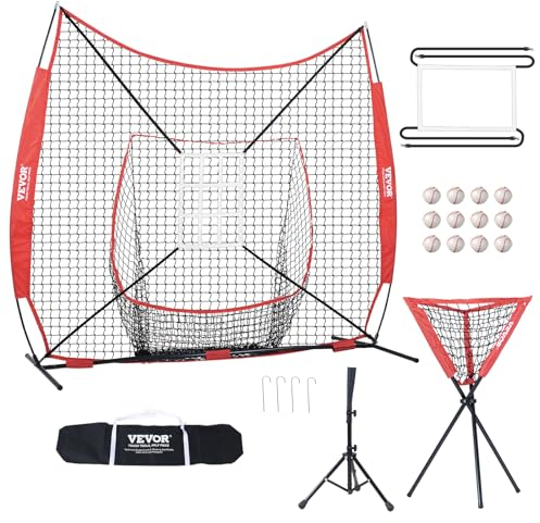 VEVOR 244 x 106 x 211 cm Baseball-Softball-Übungsnetz, Tragbares Baseball-Trainingsnetz zum Schlagen, Fangen, Pitchen, Backstop-Ausrüstung mit Bogenrahmen, Tragetasche, Schlagzone, Bällen, Ballsammler