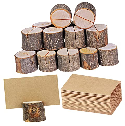 NUOBESTY 35 Sätze Holzrinde Memo Zettelhalter mit Karte hochzeitsdeko hochzeits dekoration stübben Menüclip für Restaurant Holzklammer für Tisch Landhausstil Ornamente Holzrahmen Memorandum