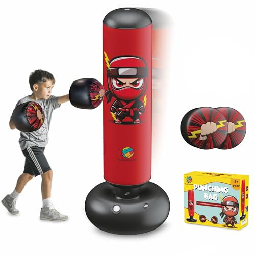 Sac de Frappe Enfant 160CM - Punching Ball Enfants + Gants de Boxe Gonflables - 3 à 12 Ans - Jeu Exterieur Enfant et intérieur - Sac de Frappe sur Pied - Sac de Boxe, Karaté, Taekwondo