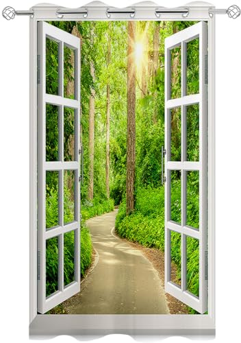 Hiseng 1 Stück Outdoor Vorhänge Wasserdicht Verdunkelungsvorhang mit Ösen, Fenster Druck Outdoorvorhänge Wetterfest Sonnenschutz Blickdicht Vorhang für Pavillon (100x140cm,Wald)