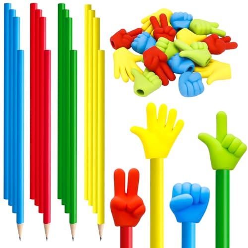 Juego de 16 lápices con goma de borrar para niños, lápiz de cabeza de borrador HB, divertidos lápices de grafito multicolor con tijeras, papel de piedra, borrador para estudiantes, deberes, escuela