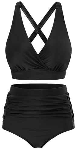 CMTOP Bikini Sets for Women UK Tummy Control High Waisted Bikini Set Padded Push Up Swimming Costume V Neck Swimwear Two Piece Ruched Swimsuits Crossback Bathing Suits Beachwear(Black,L)