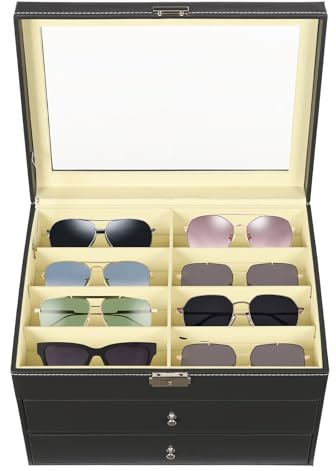 RjcdOPL Scatola per occhiali a 3 livelli con 24 scomparti, coperchio trasparente, chiusura a chiave, L 34 x P25 x A 19 cm, nero