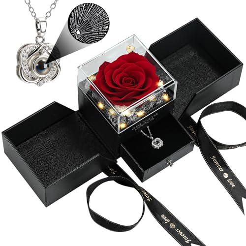 woxafo Preserved Real Red Rose with I Love You Heart Necklace 100 Languages - Eternal Flowers Rose Birthday Gifts for Women, Wife, Mom, Girlfriend - Valentine's Mother's Day Christmas Gift