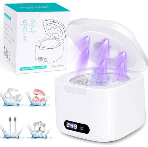 Aktualisiert 49000Hz Ultraschallreinigungsgerät Zahnschiene mit 6 UV Ultraschallreiniger,340ML Ultrasonic Cleaner Dental Pod für Zahnersatz, Retainer, Aligner, Zahnschiene, Prothesen, Schmuck