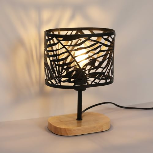 Osairous Lampe de Chevet, Lampe de Table E14, Lampe de Bureau Veilleuse avec Socle en Bois et Abat-Jour en Métal pour Chambre Salon Bar, Noir (Sans Ampoules)