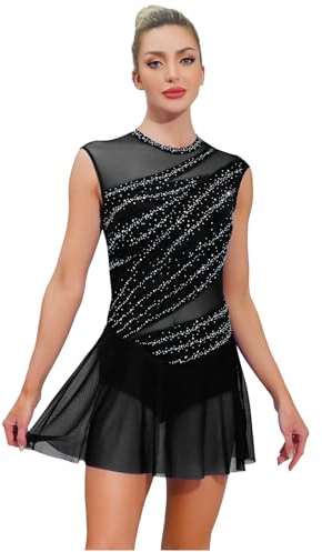 JEATHA Maillot De Patinaje Artístico para Mujer Vestido Elástico Sin Espalda Leotardo De Ballet Gimnasia Disfraz Bailarina Competición Negro L