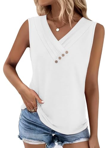 iChunhua Sleeveless Tops for Women UK V-Neck,Summer Longline Tank Vest with Buttons Details (White, X-Large)