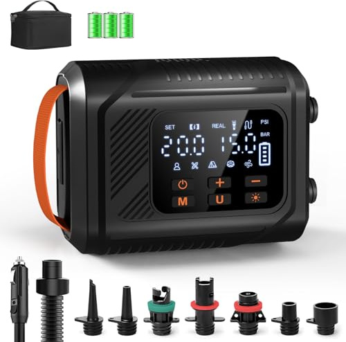 Mojimdo Elektrisk SUP-pump 20 PSI med LED-ljus, bärbar luftpump med 5 lägen och anpassat läge, dubbel snabbinflation, automatisk avstängning och 12 V billaddning, för SUP, kajak, luftmadrass och
