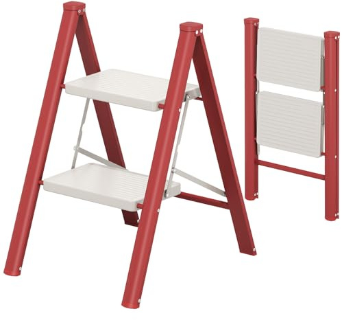 KINGRACK Escalera Plegable 2 peldaños sin barandilla, 150KG Rojo