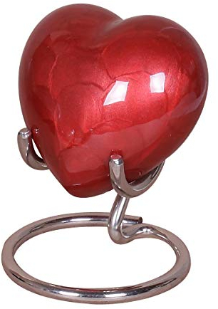 UrnsWithLove pequeña Cenizas con Nueva Tapa Mejorada, Mini urna Conmemorativa de corazón con Caja y Soporte (Aluminio Rojo), Medium