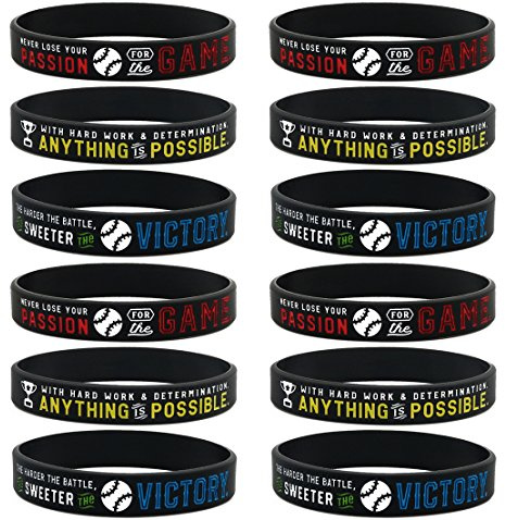 Inkstone (12-pack Baseball Motivational Silicone Bracelets - Wholesale Bulk Jewelry, Sports Gifts, Party Favors and Supplies, Baseball Bracelets for Boys