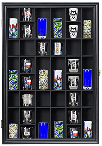 Shot Glass Storage Display Case 36-Slot Lockable Wooden Cabinet Rack Holder