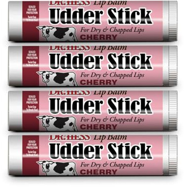 Dr. Hess Original Udder Stick SPF Lip Balm, Soothing Moisturizer Sun Screen Balm for Dry Lips with Jojoba, Beeswax & Shea Butter, Total Lip Care, Hydration & Repair, Cherry Flavor, 4 Pack