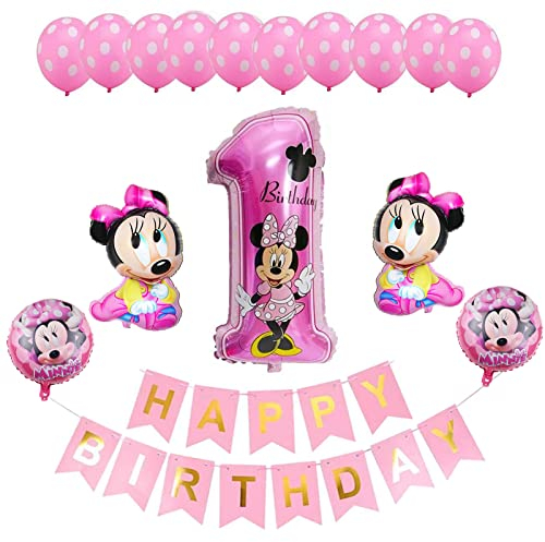 Mickey Mouse Geburtstagsdeko,Minnie Ballons Set,10 Minnie Latexballon+Minnie Folienballon 1 Geburtstag+Birthday Banner+4 Minnie Folienballon+Band,Folienballon für Minnie Mouse Themenparty.(Rosa)