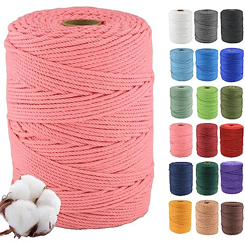 Klhamky 4mmx300m Corda di Cotone Naturale Macramé - Corda di Cotone 100% Naturale a 4 Fili Ritorti per Appendini Fatti a Mano, Fai-da-te, Creazioni Artigianali,rosa scuro