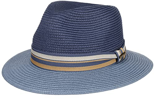 Stetson Romaro Toyo Traveller Strohhut Herren UV-Schutz 40+ Breite Krempe Gestreifte Ripsbandgarnitur Frühjahr Sommer blau M (56-57 cm)