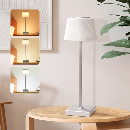 Aigostar Lámpara de Mesa Inalámbrica Recargable USB, Lámpara de Escritorio Táctil Regulable, 3 Modos de Color, Lámpara de Noche IP54 Impermeable para Interior y Exterior, Dormitorio - Plateado