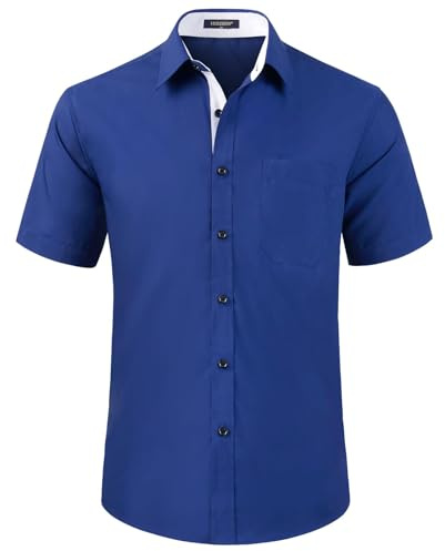 HISDERN Camisa de Manga Corta para Hombre de Vestir de Corte Regular - Camisa de Verano Sólida Con Bolsillo en el Pecho S-4XL
