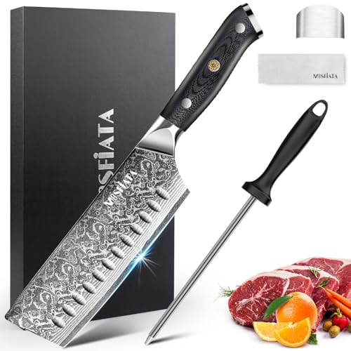 MOSFiATA Coltello Damascato Coltello da Cucina Nakiri con Manico G10 e Acciaino Affilacoltelli, 16,5cm