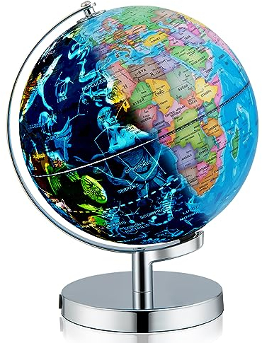 HOMASIS Globo da 23,5 cm con LED, globo luminoso girevole con mappa a stella e mappa geografica inglese, sfera del mondo con base in metallo, sfera per bambini a casa, scuole e ufficio