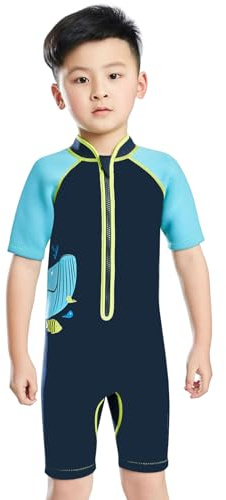 L SERVER Kinder Neoprenanzug Jungen 2.5mm Schnell Trocknender Tauchanzug Mädchen Kurzärmeliger Badeanzug mit Sonnenschutz Stretch Surf-Badebekleidung, Blau, 122-128