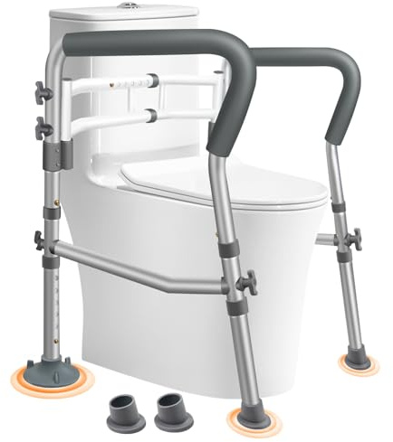 DePango Binari di sicurezza per WC, sedile WC regolabile con maniglie sopra il WC, robuste maniglie per WC per anziani e disabili, telaio stabile con bracci per anziani