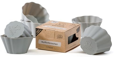 Backefix wiederverwendbare graue Muffinförmchen Silikon BPA frei im 6 Set, Muffin Formen antihaftend ohne Einfetten, stabil & dickwandig, Muffinform einzeln je 7,5 x 4cm groß XXL