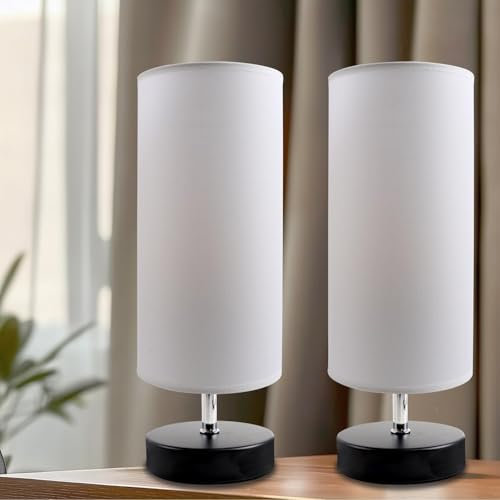 Nachttischlampe Weiß 2er Set (ohne Glühbirnen), Tischlampe mit Kabelschalter, E27 Fassung, Lampenschirm aus Leinenstoff, Modern Tischleuchte für Schlafzimmer, Wohnzimmer, Schreibtisch, Kinderzimmer