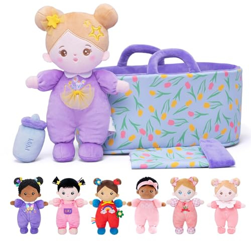 OUOZZZ 10‘’ Purple Baby Doll Set with Carry Case & Accessories | Includes cute doll accessories, 25cm soft plush body, ideal toddler birthday gift