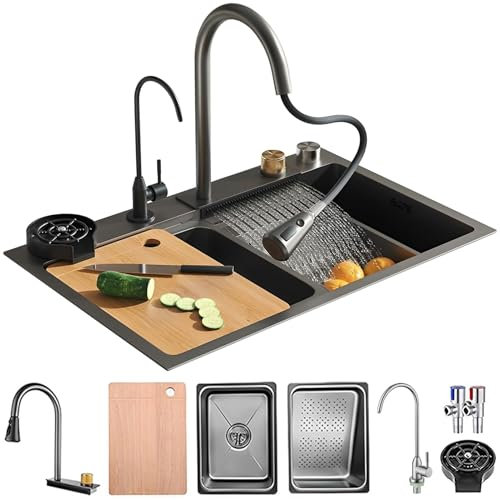 Évier de Cuisine, Évier Cascade en Acier Inoxydable, Évier Simple Multifonction avec Bar, avec Robinet Extensible, Bac d'évacuation, Planche à Découper, Lave-gobelets, Montage de Vidange (Noir,