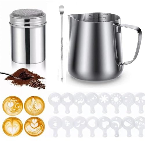 Vyanveo 350ml / 12 Oz Bricco Latte Acciaio Inox Lattiera Latte Art Professionale con Segno di Misurazione + Ago per Decorazione + Dispenser per Polveri + Stencil con Disegni per Cappuccino ed Espresso