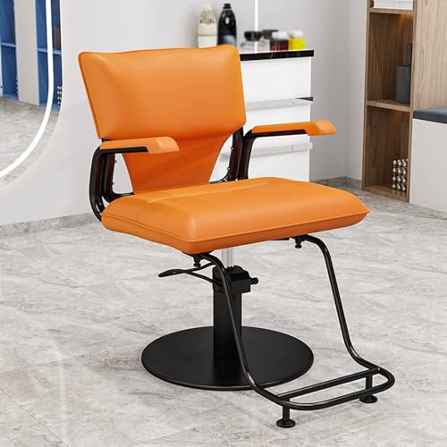 Frisörstolar med Armstöd 360° Vridbar Hydraulisk Lyfts Lädersalongsstol med Bas och Fotstöd i Svart Rostfritt Stål för Frisörsalonger, Spa, Tatueringssalonger(Orange)