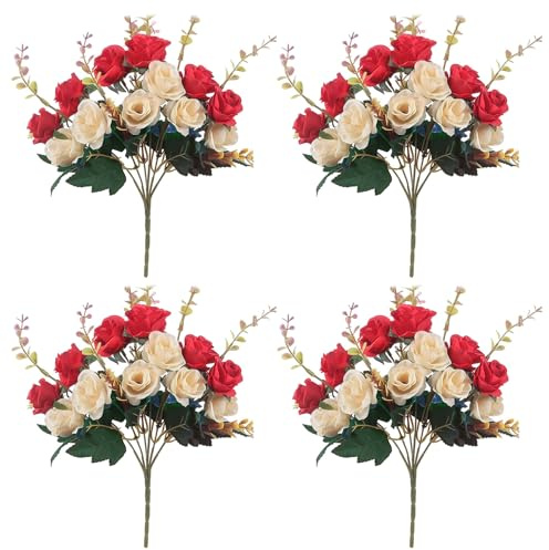 KHDULQ 4 Pezzi Fiori Finti per Decorazioni Fiori Finti 35 * 20cm Realisticamente Morbido con Foglie e Stelo Regolabile,Fiori Artificiali per Matrimoni,Bouquet,Feste,Decorazioni per la Casa (Rosso)