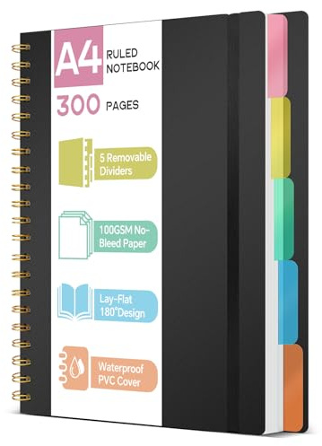 ihaspoko Cuaderno A4 con Separadores- Papel 100GSM Anti-Sangrado, 300 Páginas, Tapa Dura de PVC, Libreta de Proyectos Espiral para Escuela, Oficina y Regalos