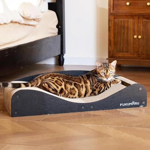 FUKUMARU Rascador para Gatos, 74 cm, cartón y Fieltro Resistentes, Gran Superficie para tumbarse, rascador reciclable de cartón Ondulado con Pelota, Negro