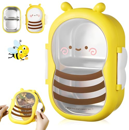 Fiambrera de Acero Inoxidable con 2 Compartimentos, Bonito motivo de abeja Lonchera Infantil, Lunchbox para Niños y Adultos, Fiambrera Termica Caja Bento para Frutas para Escuela Oficina y Picnic