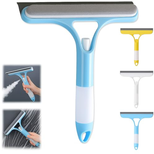 3in1 Window Cleaning Scraper with Spray Bottle Multi-Functional Glass Cleaner Tool for Home, Car, and Shower Window Scraper with Microfiber Pad, Spray Nozzle & Wiper for Streak-Free Cleaning (Blue)