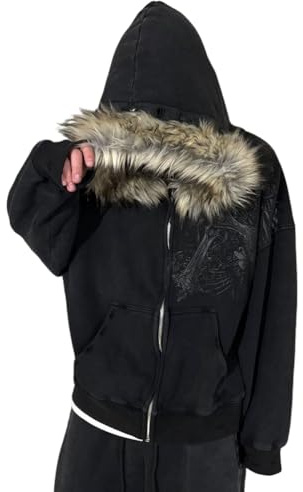 ORANDESIGNE Y2K Hoodie Herren Zip Up Kapuzenpullover Jacke mit Fellkapuze Warmer Pelz Wintermantel Streetwear A Schwarz S