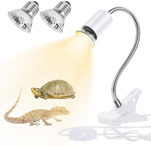 Udbrud Tortoise Heat Lamp, Reptile Heat Lamp Tortoise Heat Light Basking Lamp with 2 * 50 W Bulbs, UVA UVB E27 Reptile Basking Lamp with 360° Swivel Clamp Stand for Turtle Snake Frog (White)