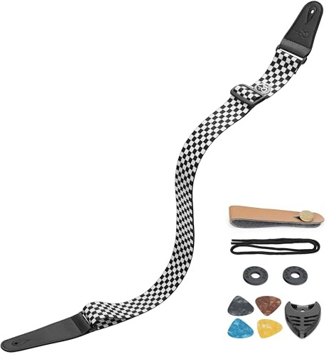 Sunya Correa de nailon para guitarra, 5 cm de ancho con terminales de cuero de grano completo, incluye cierres de seguridad de goma y púas, ajustable para guitarras acústicas, eléctricas y bajos