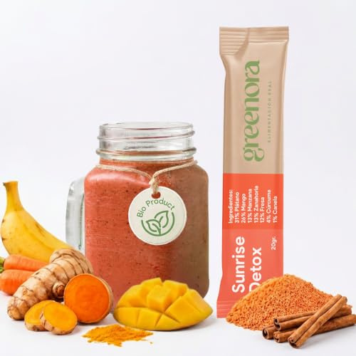 GREENORA Ekologisk Vegansk Smoothie av Frystorkad Frukt, Banan, Mango, Äpple, Morot, Jordgubbe, Gurkmeja och Kanelpulver, för Bowls och Recept, 100% Naturlig, Sockerfri, 10 Stycken