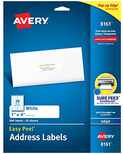 Avery Easy Peel Printable Address Labels, Sure Feed Technology, 1 x 4, White, 500 Blank Mailing Labels (08161)