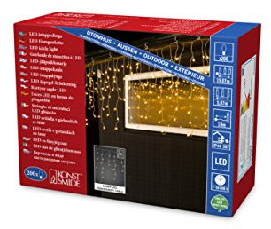 Konstsmide LED isregn ljusgardin, med vita glober, 200 bärnstensfärgade dioder, 24 V utomhustrafo, transparent kabel – 3672-803, bärnsten